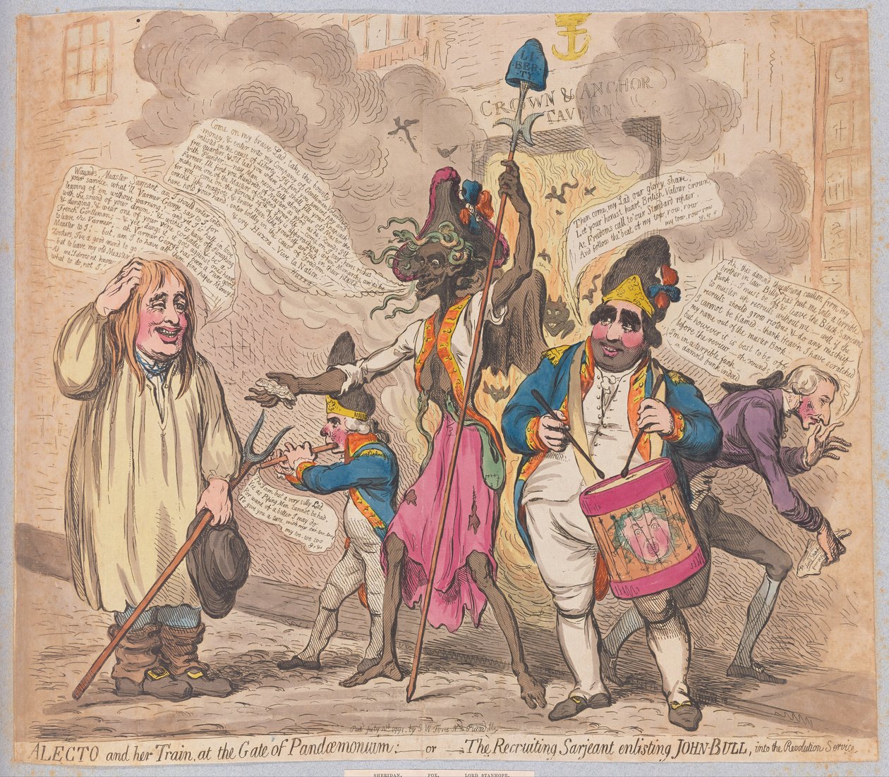 Alecto en haar gevolg bij de poort van Pandaemonium of de rekruteringssergeant die John Bull in dienst neemt voor de revolutionaire dienst, uitgegeven (handgekleurde gravure) door James Gillray