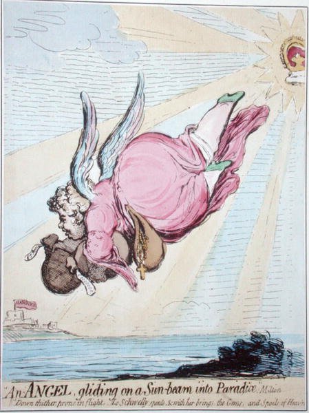 Een engel glijdt op een zonnestraal het paradijs in door James Gillray