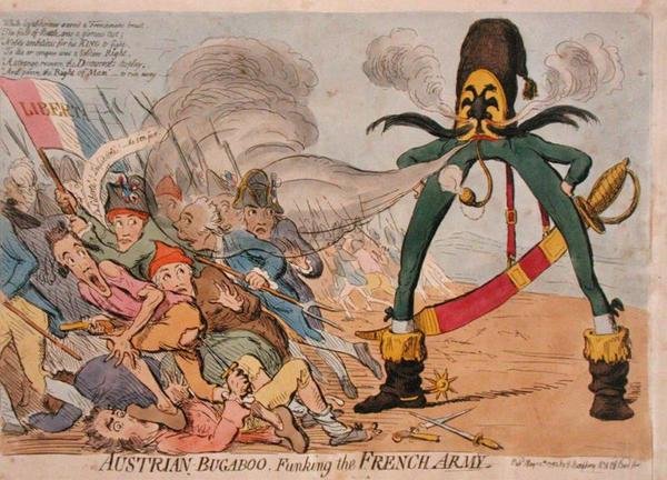 Oostenrijkse boeman die het Franse leger bang maakt, gepubliceerd door Hannah Humphrey in 1795 door James Gillray