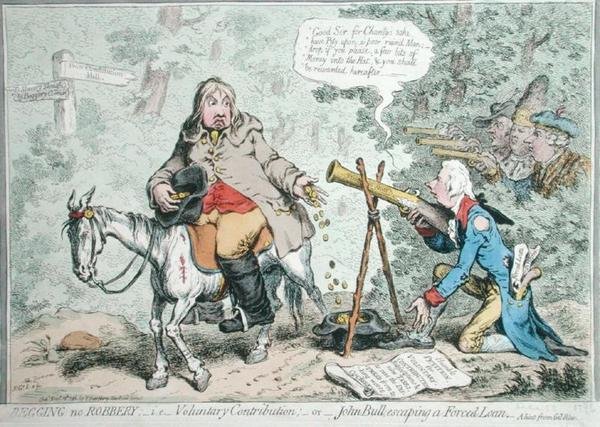 Bedelen geen Diefstal: i.e. Vrijwillige Bijdrage, of John Bull die ontsnapt aan een Gedwongen Lening door James Gillray
