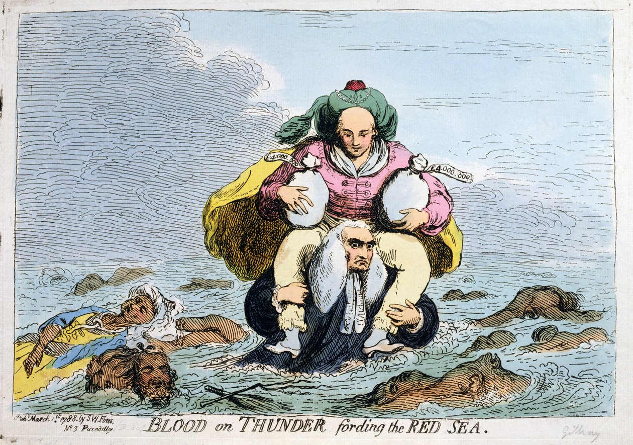 Bloed op de donder bij het oversteken van de Rode Zee, uitgegeven door S.W. Fores in 1788 (handgekleurde ets) door James Gillray