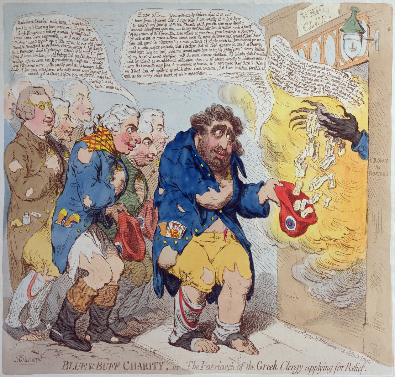 Blauw en Buff Liefdadigheid, of De Patriarch van de Griekse Geestelijkheid die om hulp vraagt, uitgegeven door Hannah Humphrey in 1793 door James Gillray