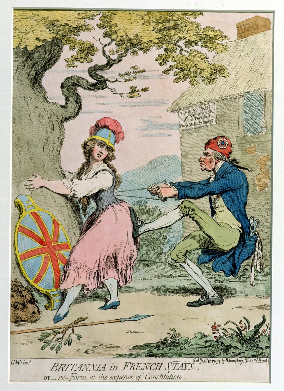 Britannia in Franse Korsetten, of Hervorming ten koste van de Grondwet, gepubliceerd door Hannah Humphrey in 1793 door James Gillray