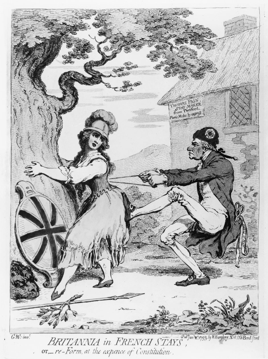 Britannia in Franse Korsetten, of Hervorming ten koste van de Grondwet, gepubliceerd door Hannah Humphrey in 1793 door James Gillray