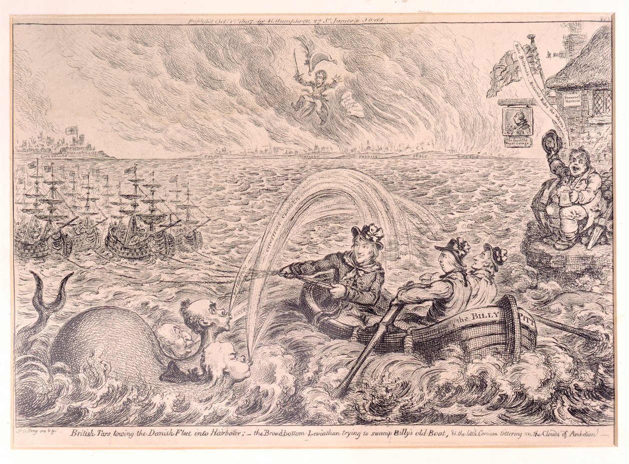 Britse zeelieden slepen de Deense vloot de haven in, 1807 door James Gillray