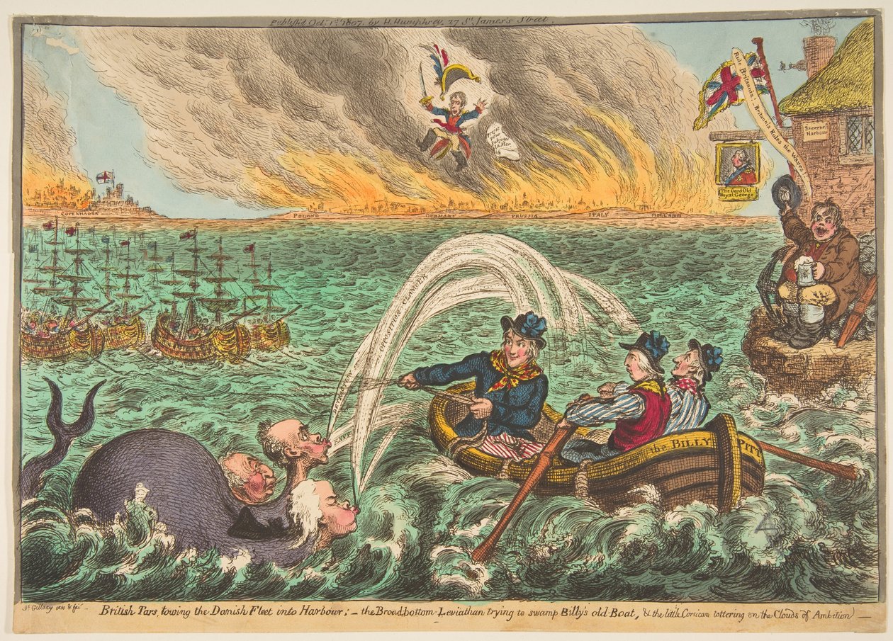 Britse zeelieden slepen de Deense vloot de haven in, de Broad-Bottom Leviathan door James Gillray