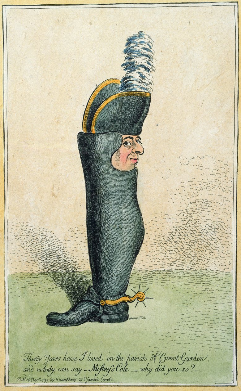 Cartoon met Kolonel Justly Watson met het lichaam van een laars, gepubliceerd door Hannah Humphrey in 1797 door James Gillray