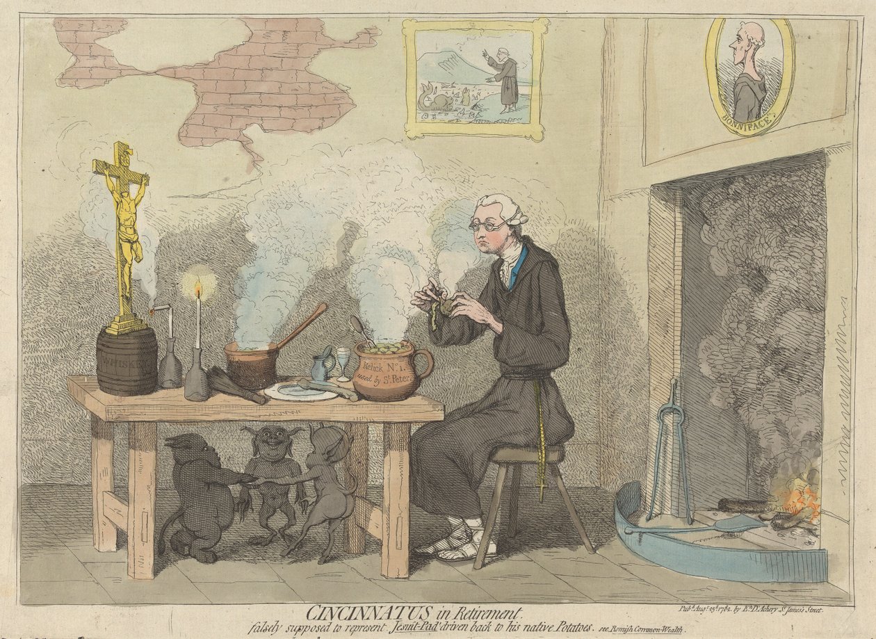 Cincinnatus met pensioen, ten onrechte verondersteld de jezuïet-Pad voor te stellen die naar zijn inheemse aardappelen wordt teruggedreven. (uit: Karikatuur, dl. 2) door James Gillray