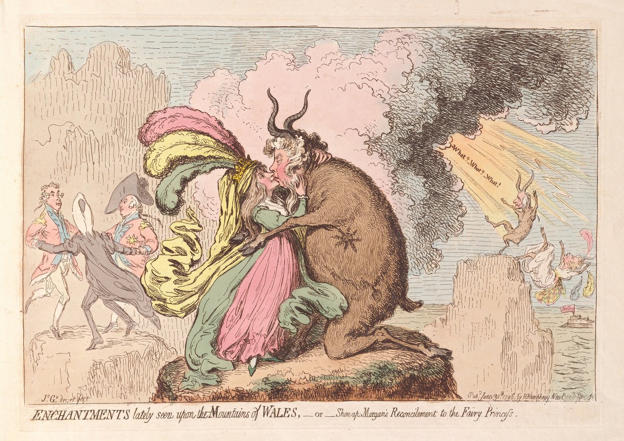 Betoveringen onlangs gezien op de bergen van Wales of Shon-ap Morgans verzoening met de feeënprinses, uitgegeven 1796 door James Gillray