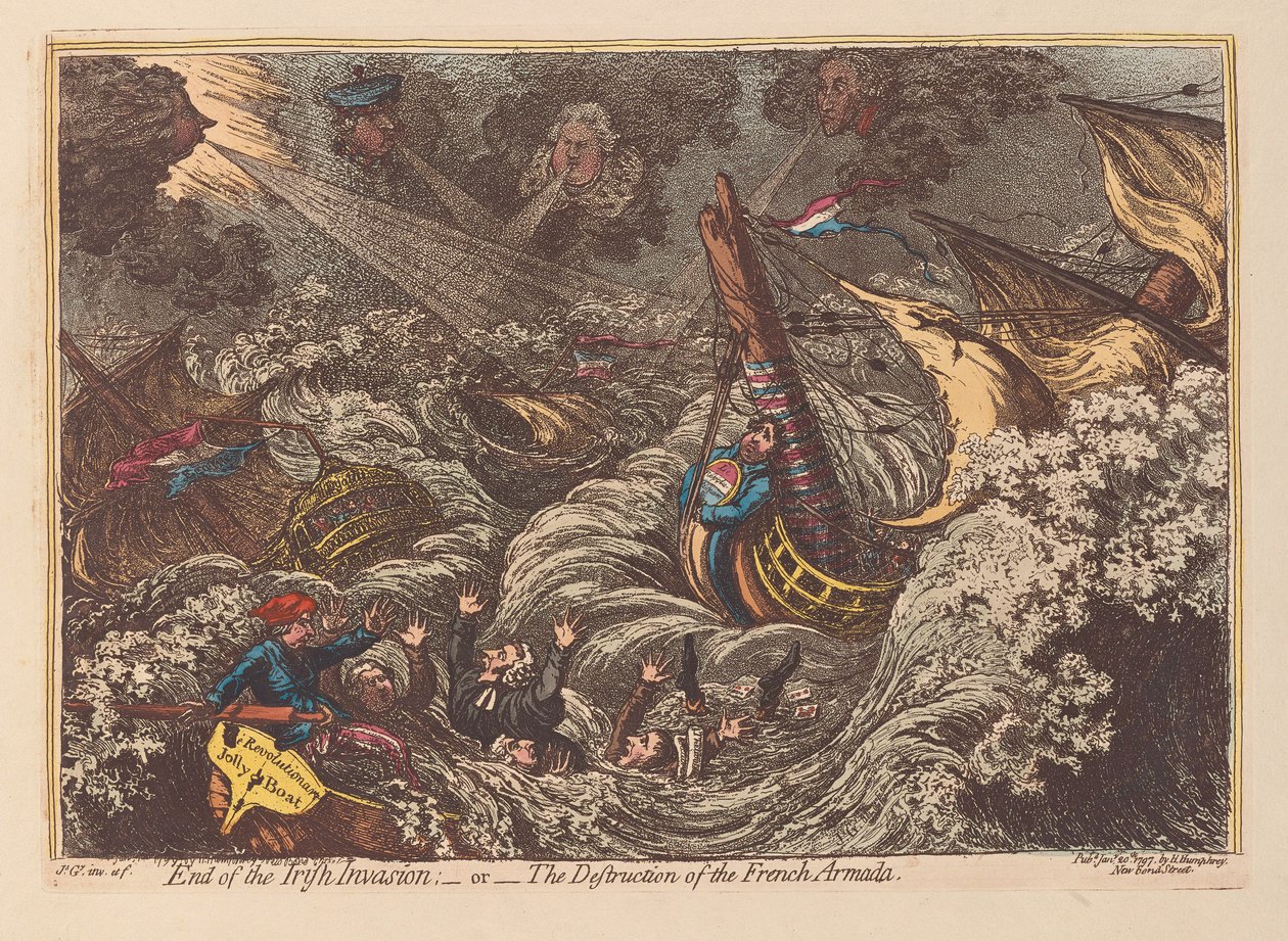 Einde van de Ierse invasie of de vernietiging van de Franse Armada, uitgegeven 1797 door James Gillray