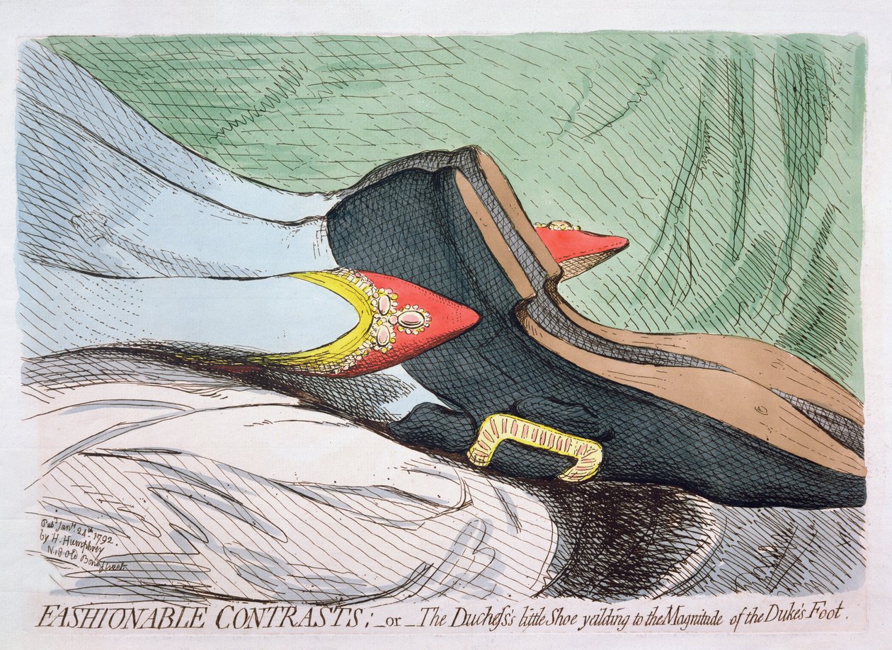 Modieuze Contrasten, of Het kleine Schoentje van de Hertogin dat toegeeft aan de Grootte van de Voet van de Hertog, gepubliceerd door Hannah Humphrey in 1792 door James Gillray