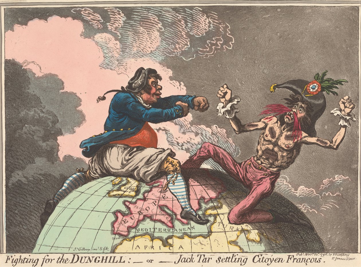 De strijd om de mesthoop, - of - Jack Tar vestigt zich als Citoyen François (uit: Caricature, deel 1) door James Gillray