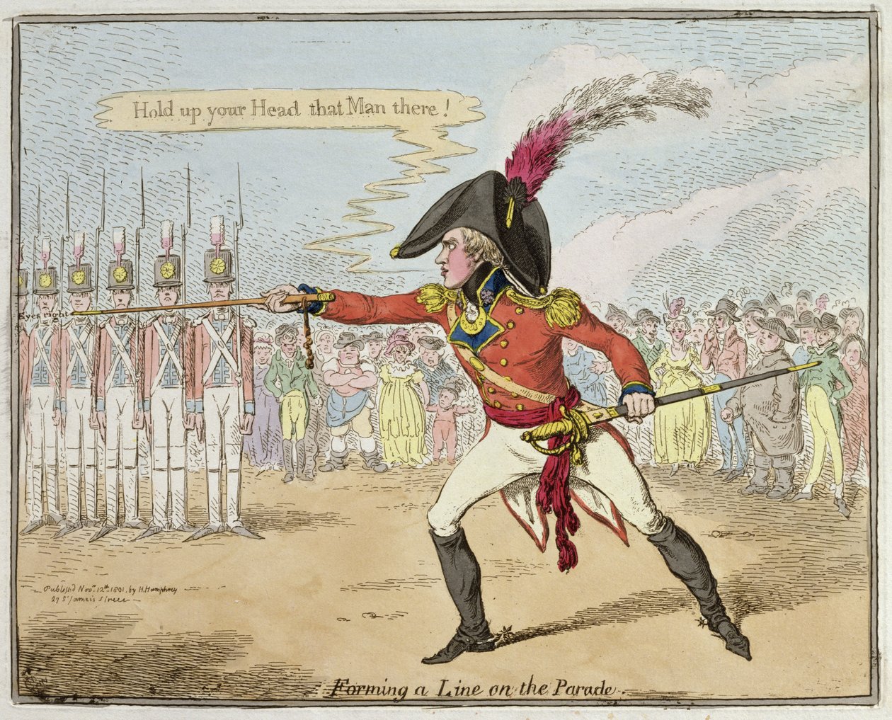 Een Lijn Vormen op het Paradeplein, uitgegeven door Hannah Humphrey in 1801 door James Gillray