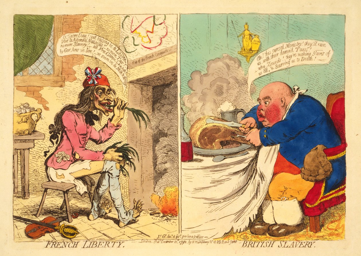 Franse vrijheid - Britse slavernij, pub. 1892 (handgekleurde gravure) door James Gillray