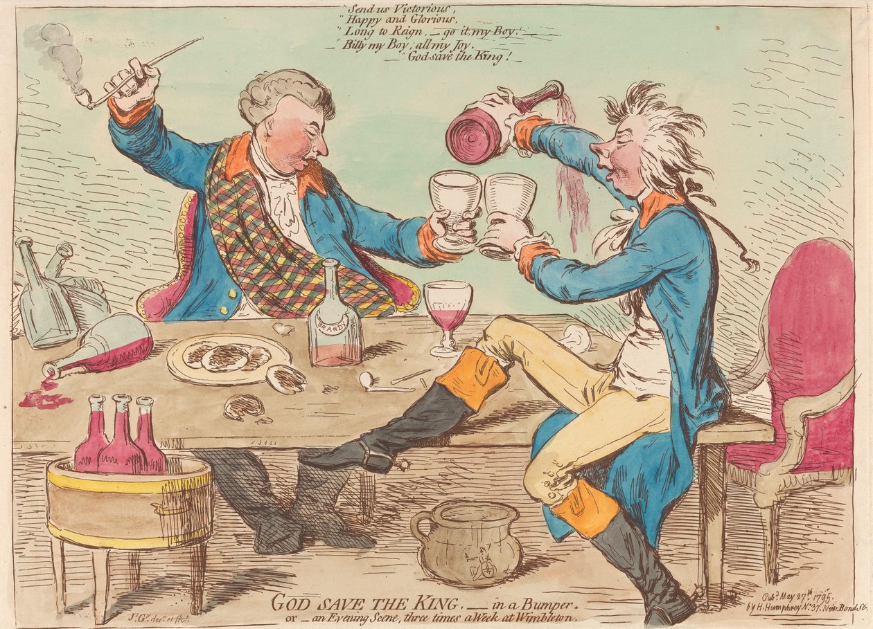 God Save the King. – In een bumper. Of – Een avondtafereel dat drie keer per week plaatsvindt in Wimbledon door James Gillray