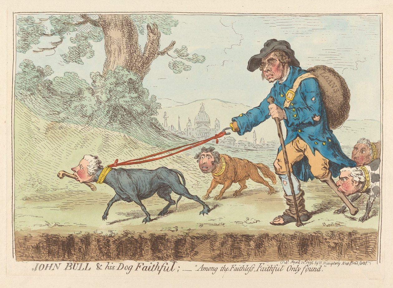 John Bull en zijn hond Faithful; - „Tussen de ontrouwe vind je alleen de trouwe” door James Gillray