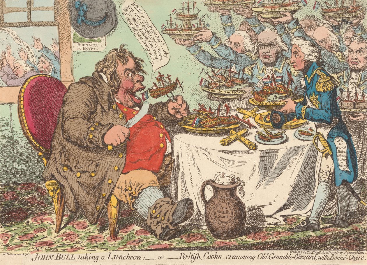 John Bull gebruikt een lunch - of - Britse koks proppen de oude Moppermaag vol met lekker eten (uit: Caricature, dl. 1) door James Gillray