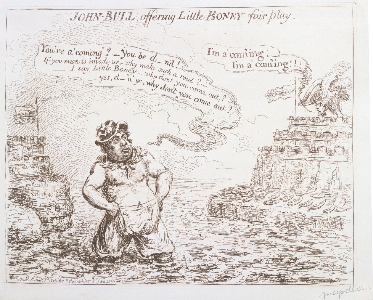 John Bull biedt Little Boney fair play aan, gepubliceerd door Hannah Humphrey in 1803 door James Gillray