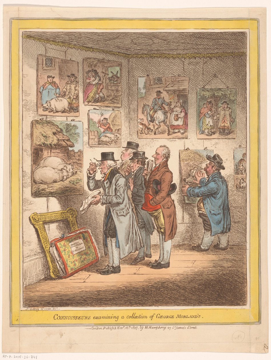 Kunstkenners bekijken schilderijen van George Morland door James Gillray