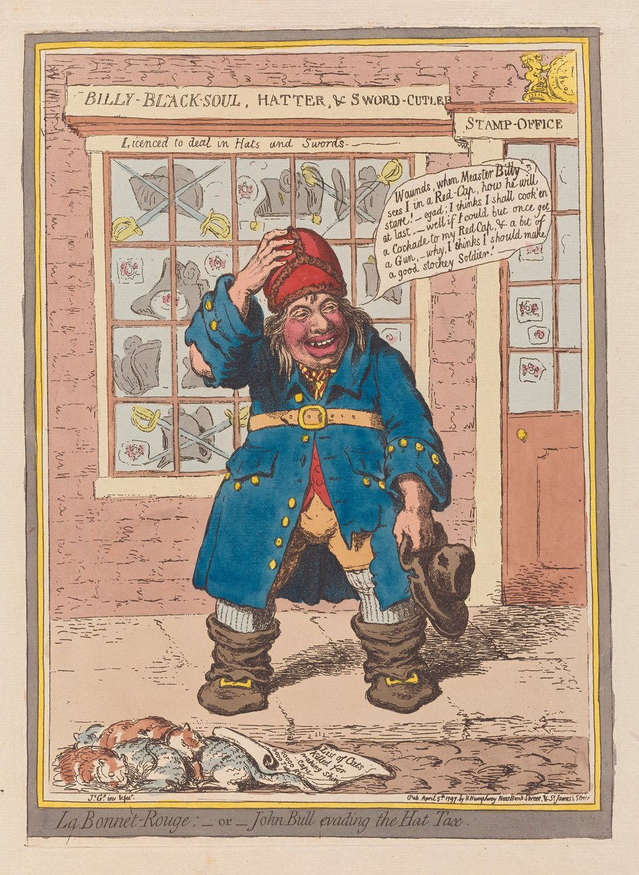 La Bonnet Rouge of John Bull ontwijkt de hoedbelasting, pub. 1797 door James Gillray