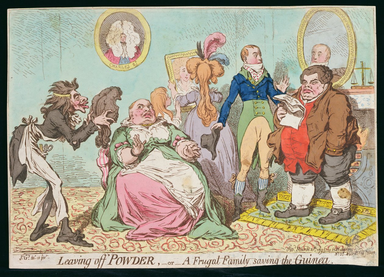Stoppen met Poeder, of Een Zuinig Gezin dat de Guinea Bespaart, uitgegeven door Hannah Humphrey in 1795 door James Gillray