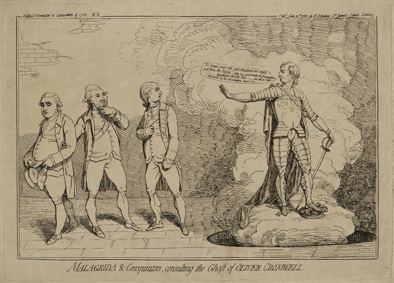 Malagrida en samenzweerders, raadplegen de geest van Oliver Cromwell, gepubliceerd 10 juni 1782 (ets op laid papier ingelegd op wove papier) door James Gillray