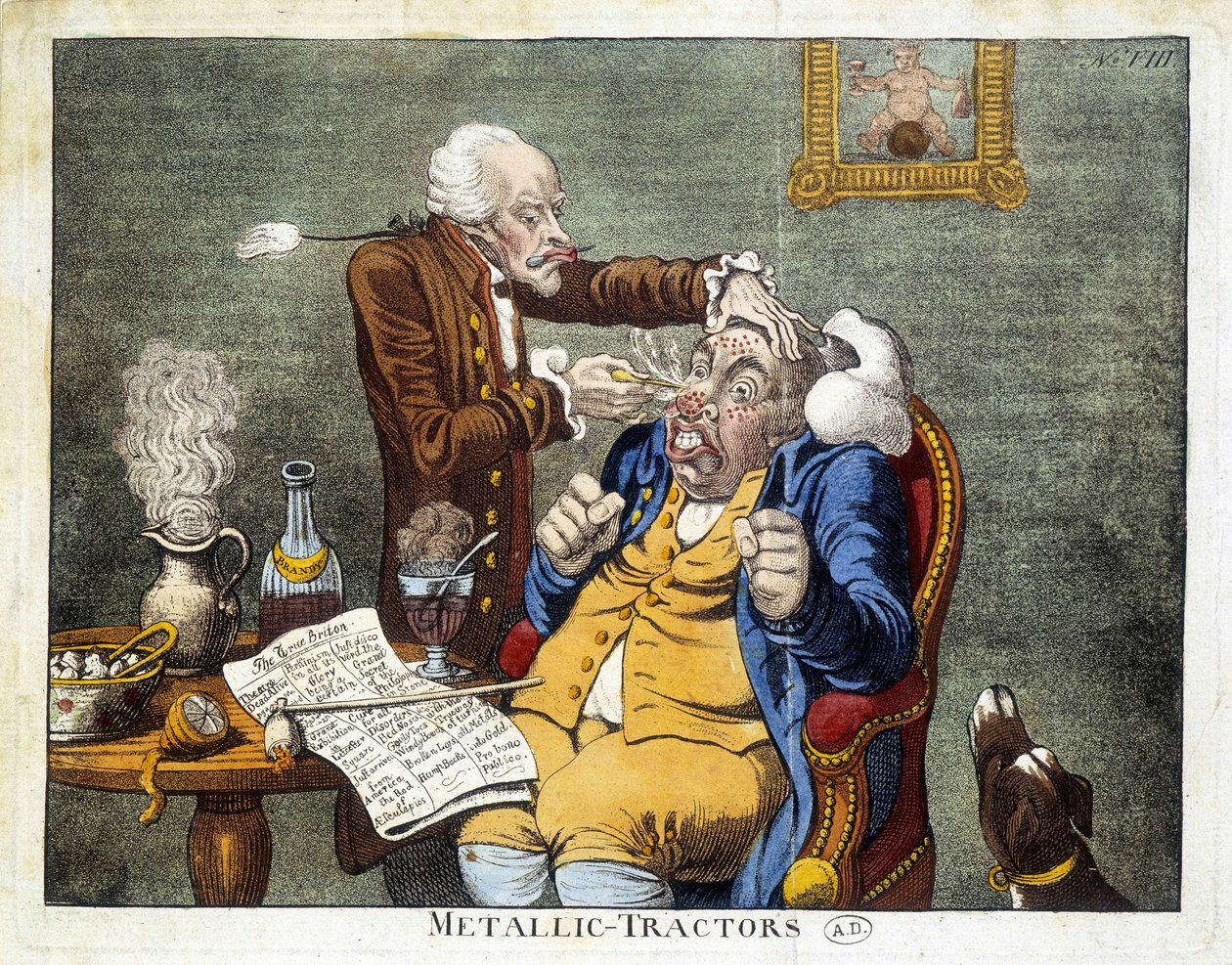 Man die de knopen van het gezicht laat verwijderen door James Gillray