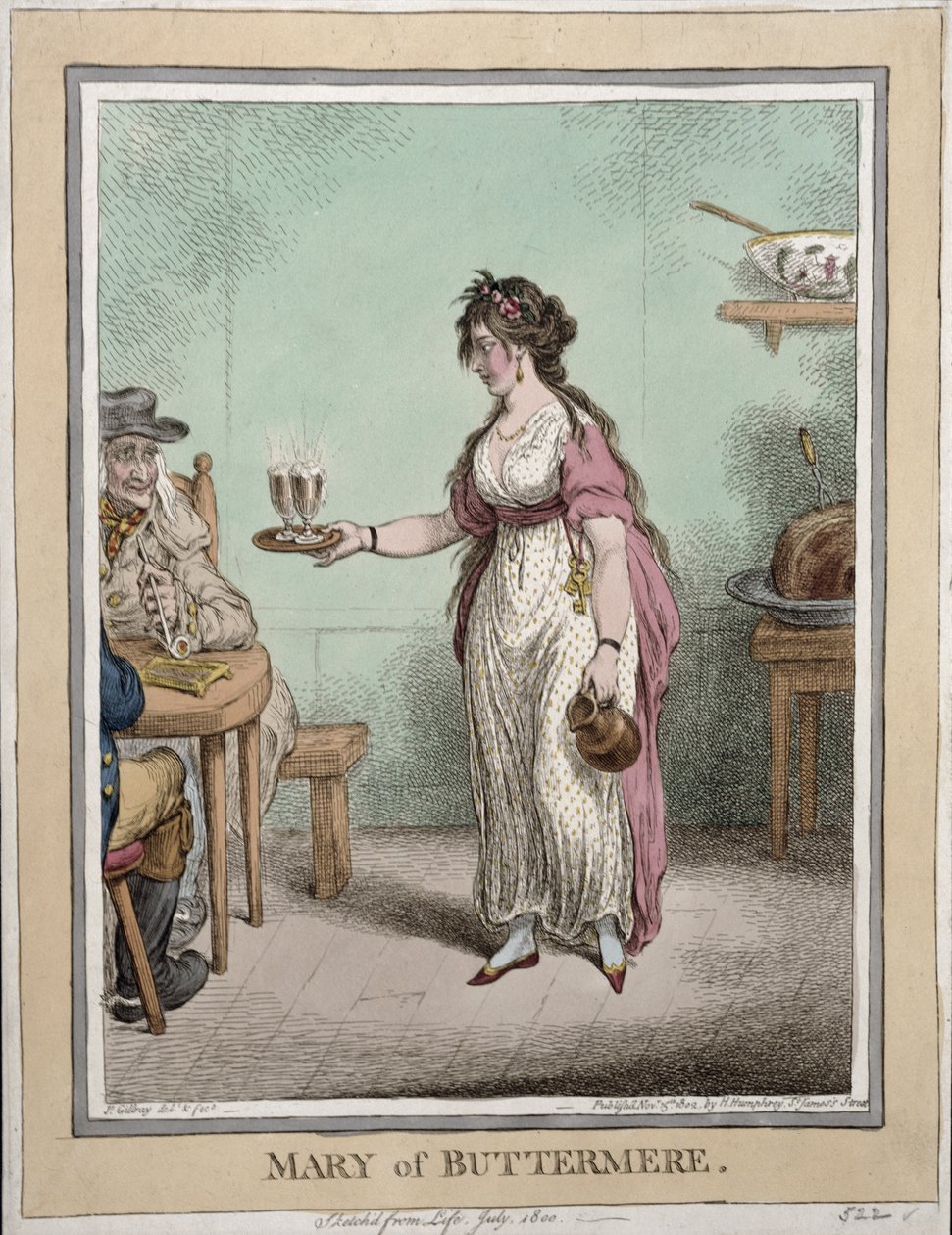 Mary van Buttermere, geschetst naar het leven in juli 1800, gepubliceerd door Hannah Humphrey in 1802 door James Gillray
