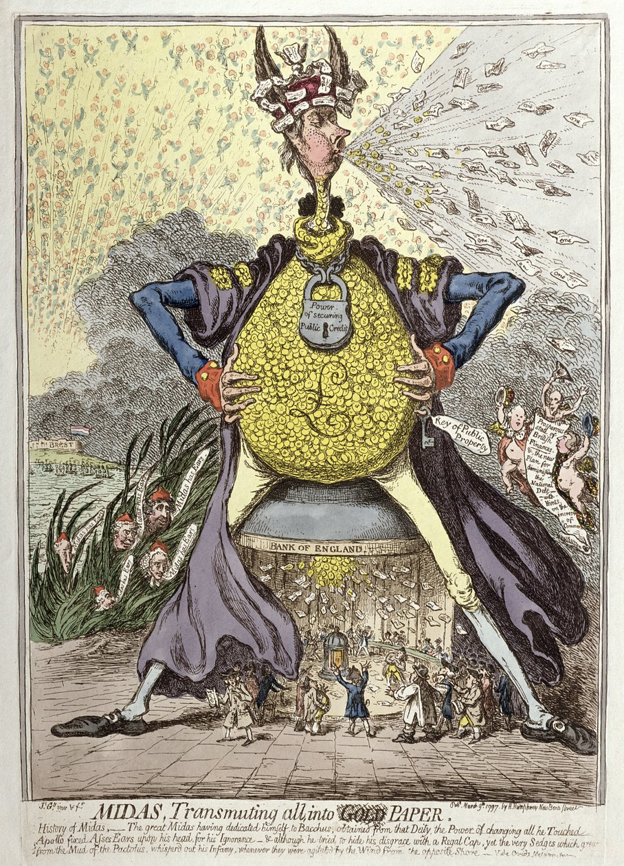 Midas Verandert Alles in Goud Papier, gepubliceerd door Hannah Humphrey in 1797 door James Gillray