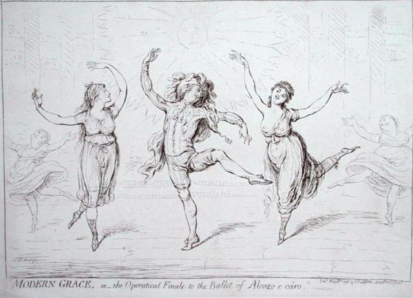 Moderne gratie, of de operafinale van het ballet van Alonzo e caro, uitgegeven door Hannah Humphrey in 1796 door James Gillray