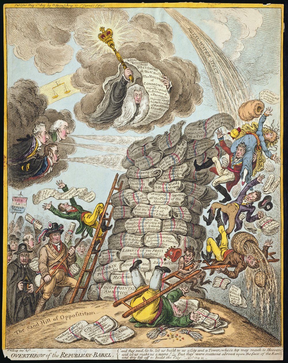 Omverwerping van de Republikeinse Babel, gepubliceerd door Hannah Humphrey in 1809 door James Gillray