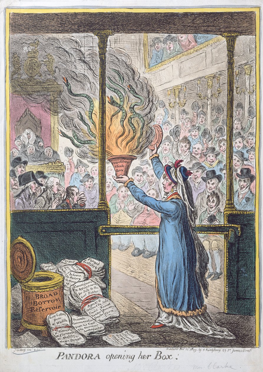 Pandora opent haar doos, gepubliceerd door Hannah Humphrey, 1809 door James Gillray