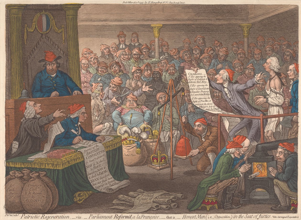 Patriottische wedergeboorte, namelijk: het parlement hervormd op Franse wijze, dat wil zeggen: eerlijke mannen (d.w.z. de oppositie) op de zetel van de gerechtigheid. Zie de verwachtingen van de Carmagnole door James Gillray