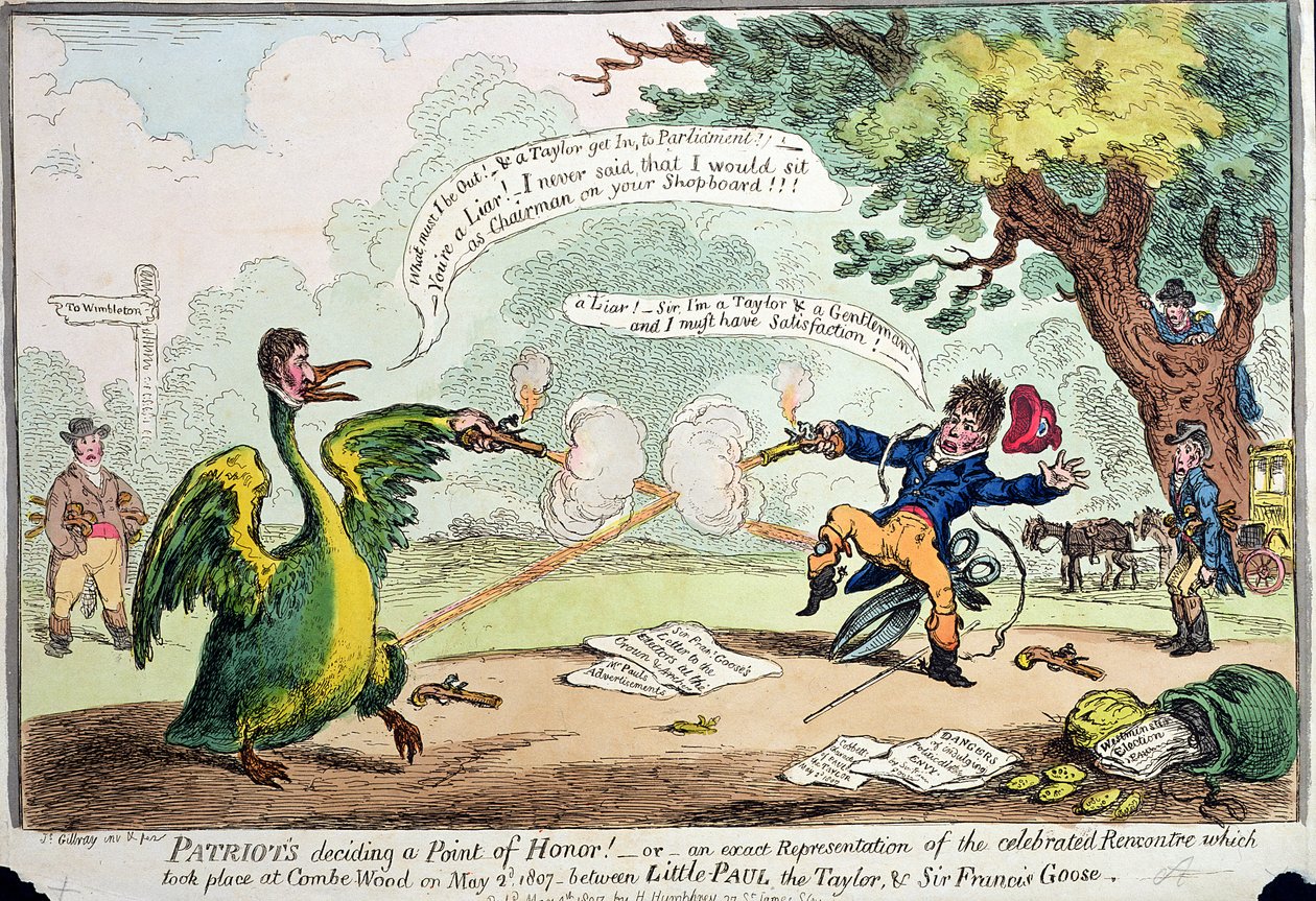 Patriotten beslissen een erekwestie! of Een exacte weergave van de ontmoeting die plaatsvond in Coombe Wood op 2 mei 1807 tussen Little Paul de kleermaker en Sir Francis Goose, gepubliceerd door Hannah door James Gillray