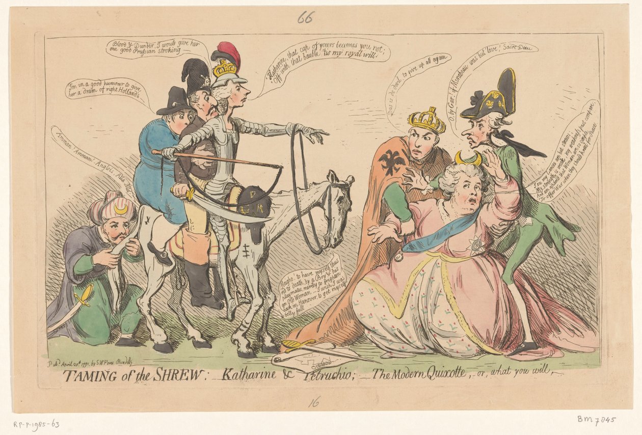 Pitt jaagt als Don Quichot Catharina de Grote schrik aan, 1791 door James Gillray