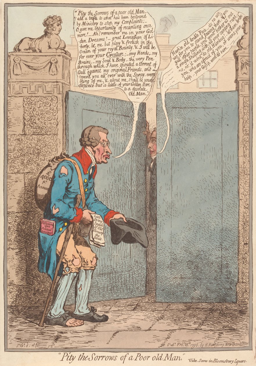 Heb medelijden met het leed van een arme oude man, zie de scène op Bloomsbury Square door James Gillray