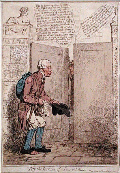 Heb medelijden met de zorgen van een arme oude man door James Gillray