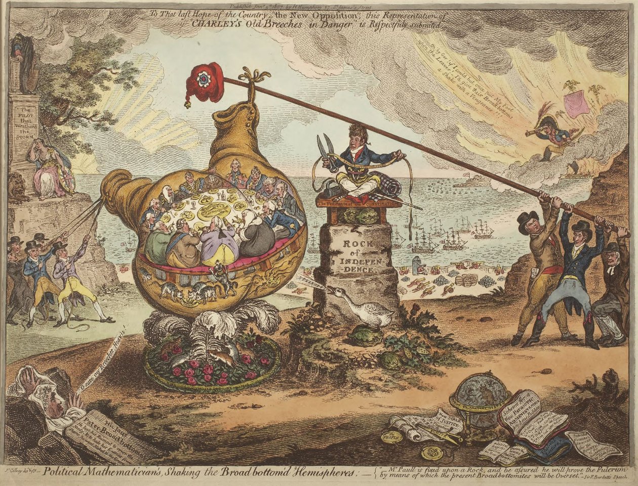 Politieke wiskundigen die de halfronden met hun brede onderkant op hun kop zetten door James Gillray