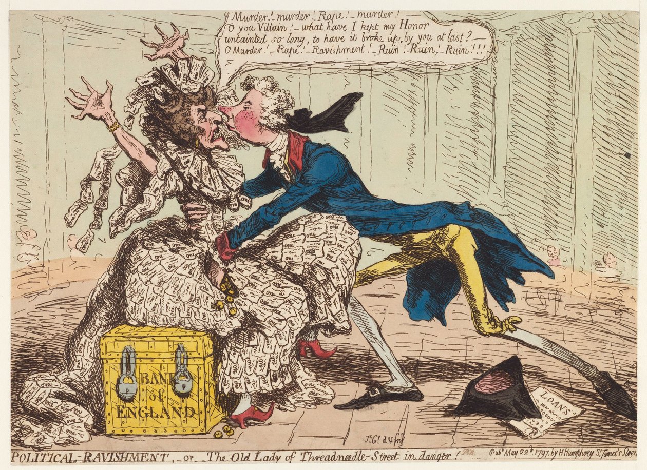 Politieke verkrachting, of de oude dame van Threadneedle Street in gevaar! door James Gillray