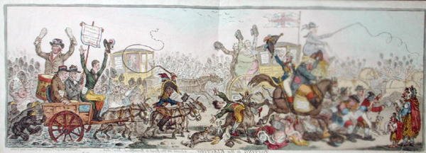 Op weg naar de verkiezing: een scène op de weg naar Brentford, uitgegeven door Hannah Humphrey in 1806 door James Gillray