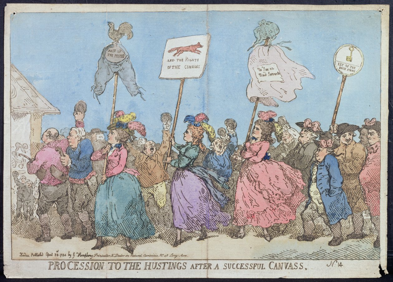 Processie naar de stembus na een succesvolle campagne, gepubliceerd door G. Humphrey in 1784 door James Gillray