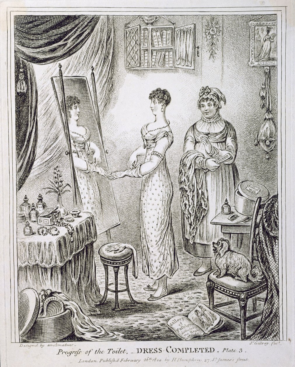 Voortgang van het toilet, of jurk voltooid, gepubliceerd door Hannah Humphrey in 1810 door James Gillray