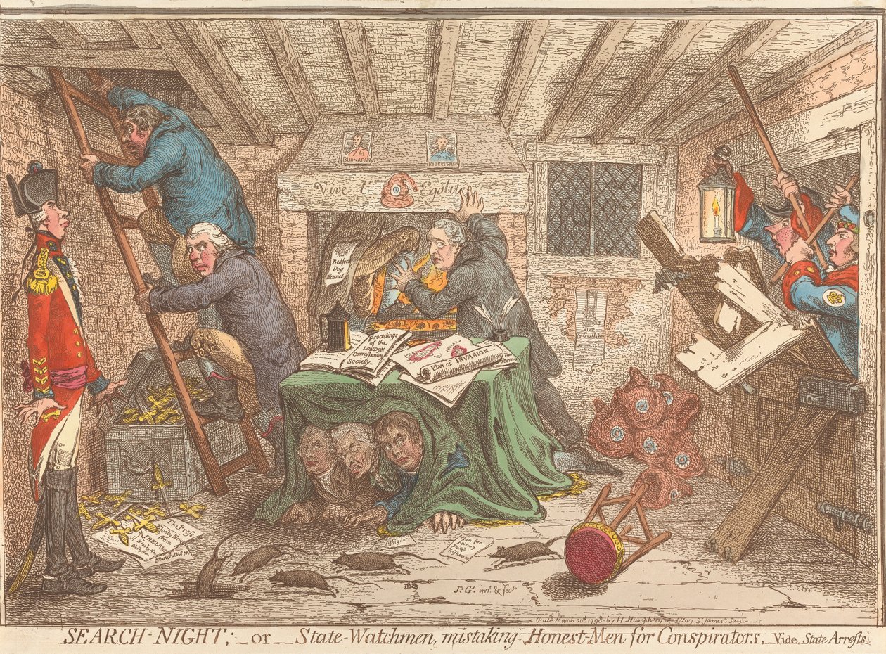Search-Night;- of - Staatswachters die eerlijke mannen voor samenzweerders aanzien - Zie: Staatsarrestaties door James Gillray
