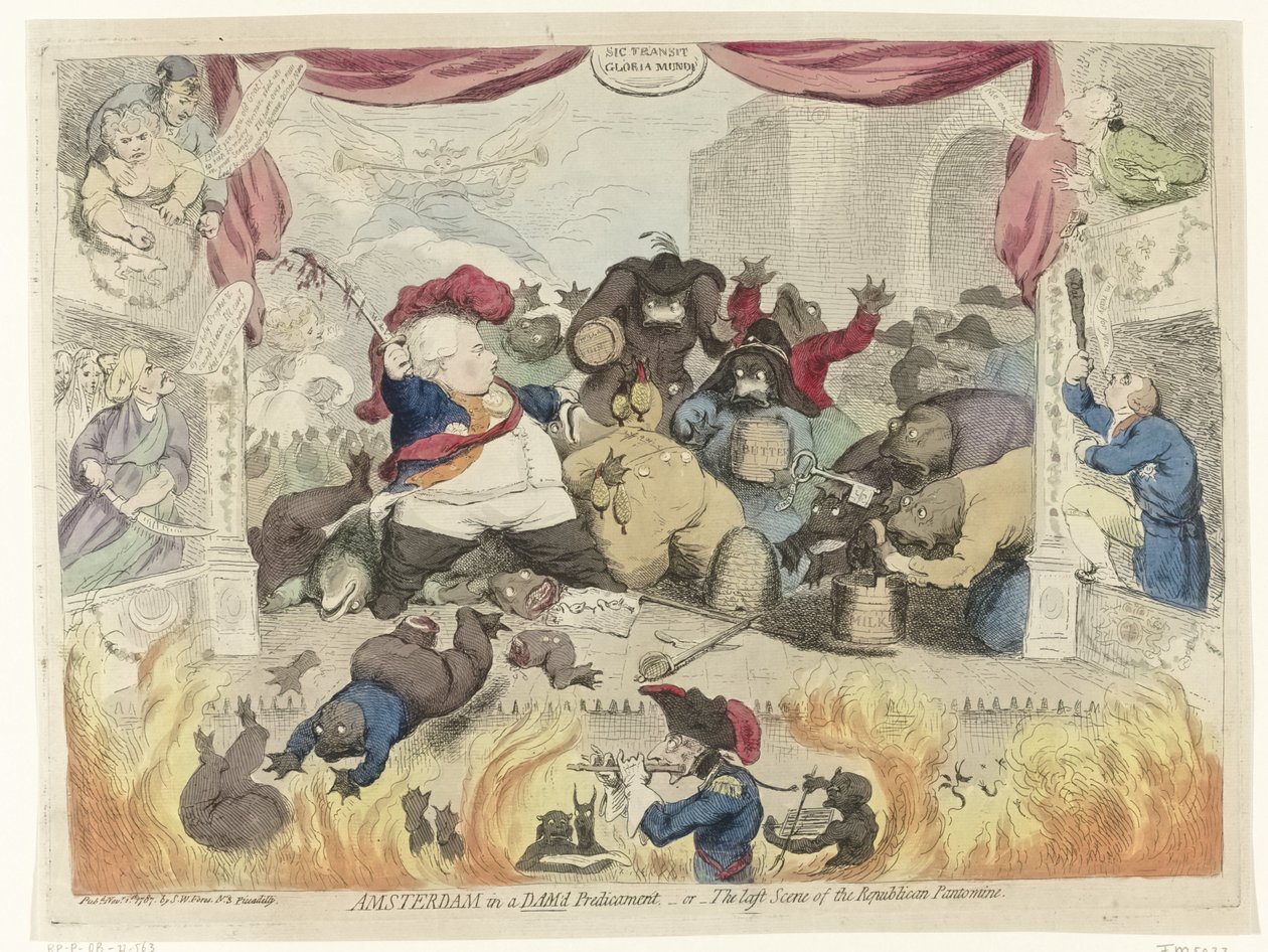 Spotprent op de paniek onder de patriotten na het herstel van stadhouder Willem V, 1787 door James Gillray