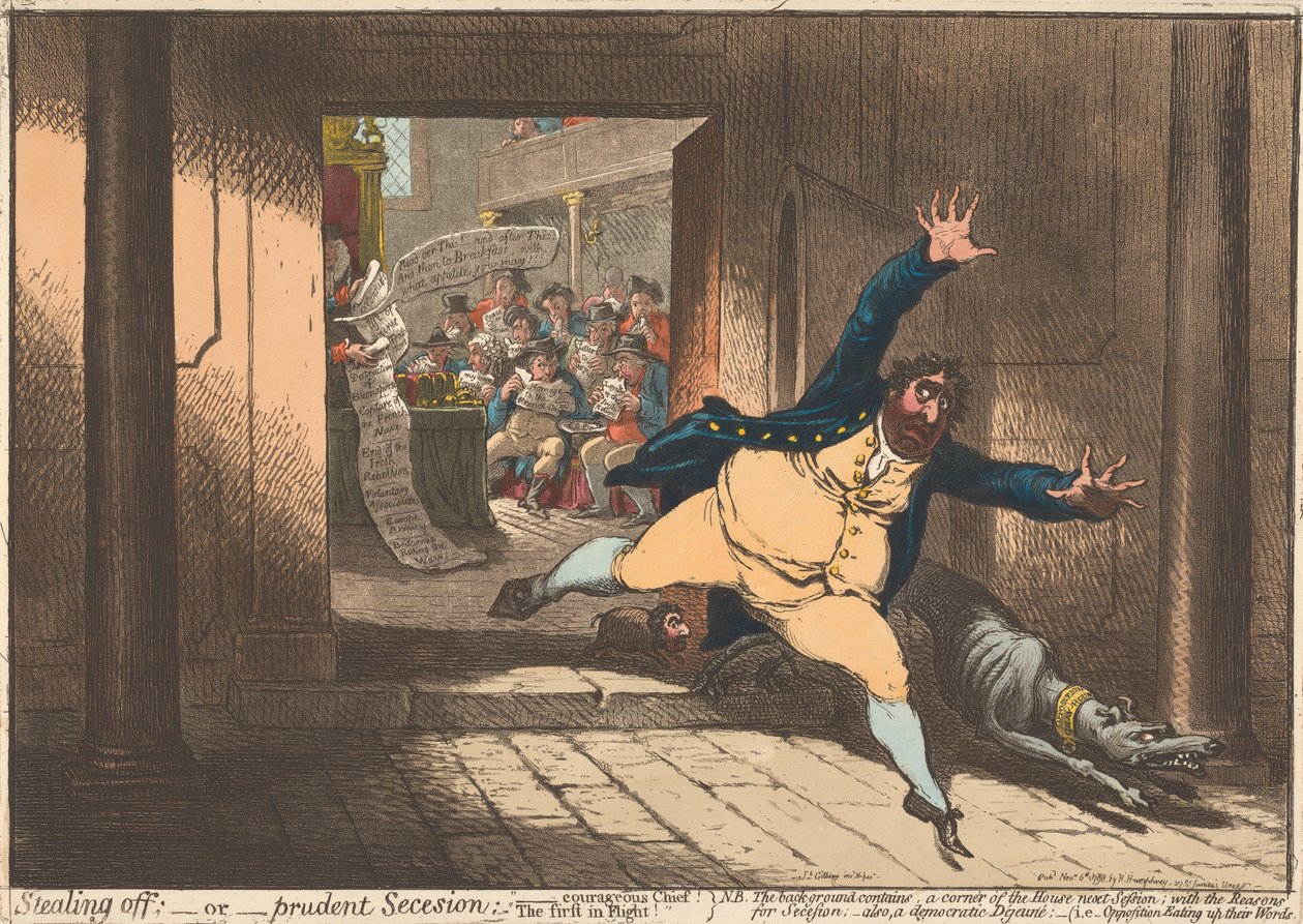 Ervandoor gaan; - of - Verstandige afscheiding. „De moedige leider, de eerste die vluchtte” door James Gillray