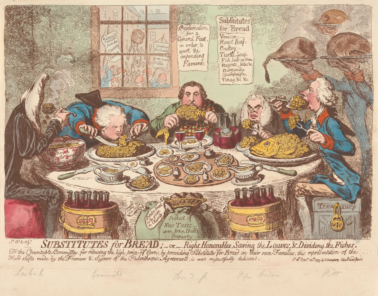 Broodvervangers - of - Eerwaarde heren, de broden reddend en de vissen verdelend door James Gillray