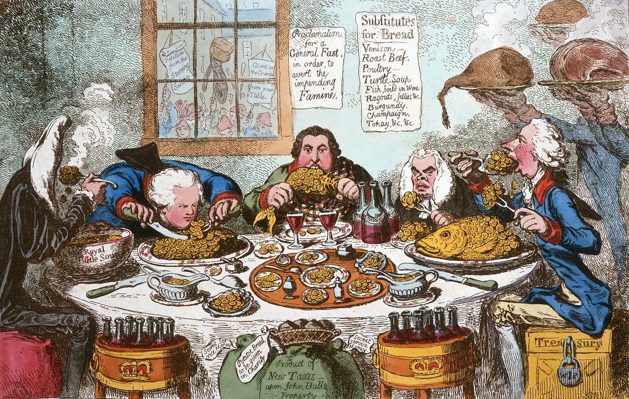 Substitutes for Bread, or Right Honourables Saving the Loaves  Dividing the Fishes, uitgegeven door Hannah Humphrey in 1795 (handgekleurde ets) door James Gillray