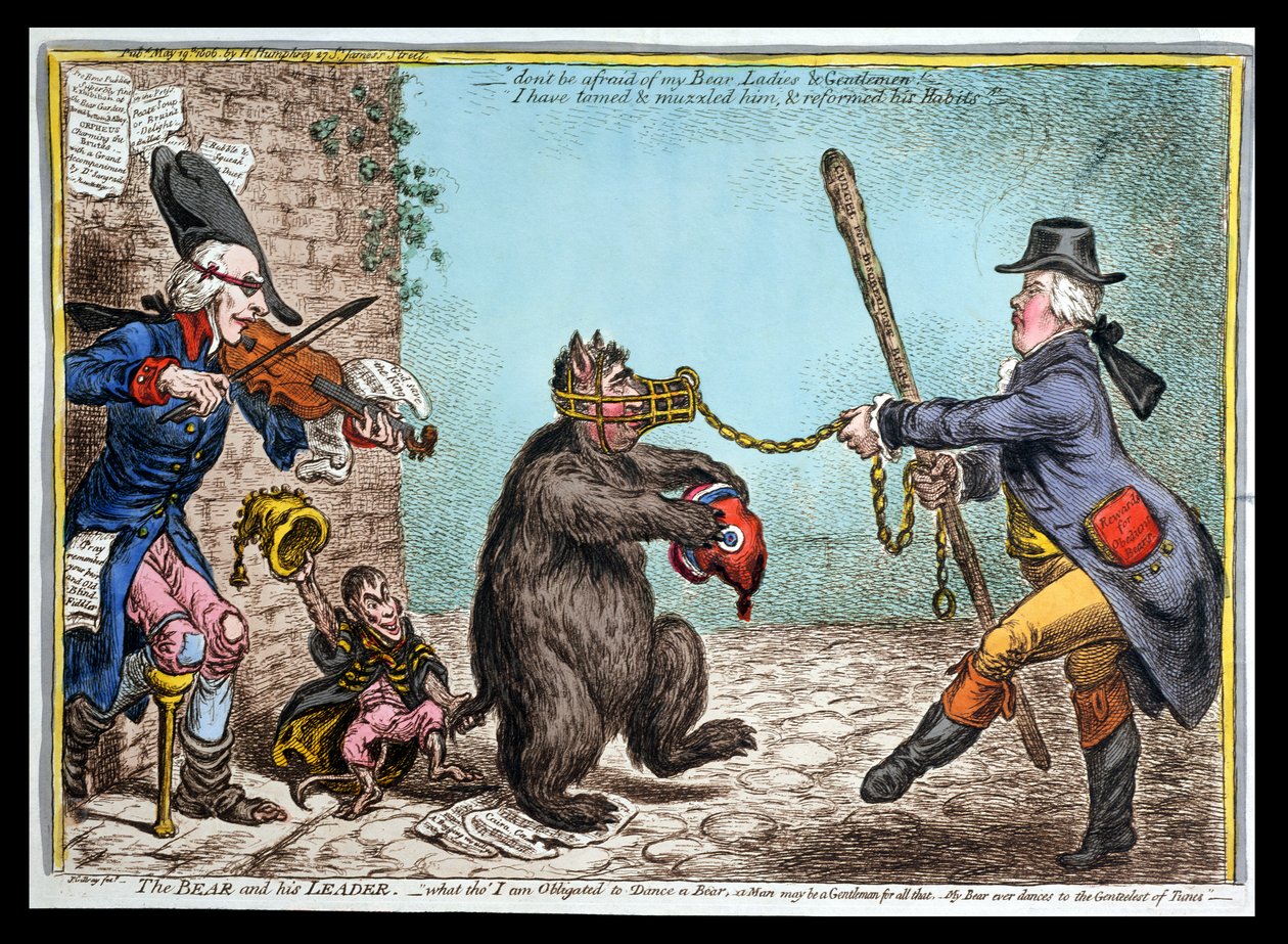 De Beer en zijn Leider, gepubliceerd door Hannah Humphrey in 1806 door James Gillray