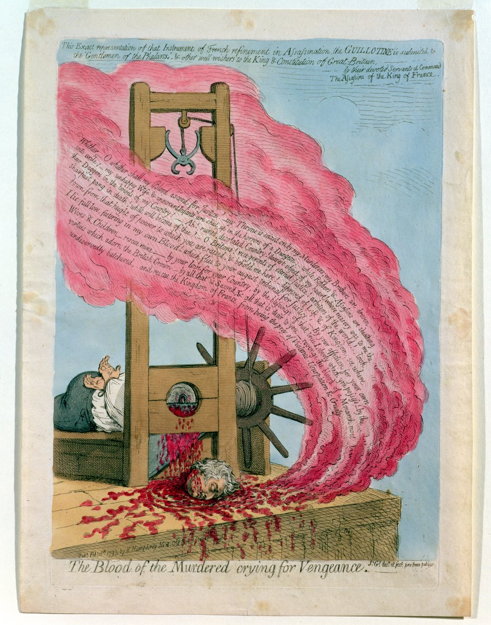 "Het bloed van de vermoorde schreeuwt om wraak", de executie van Louis XVI (1754-93) door de guillotine, gepubliceerd door Hannah Humphrey door James Gillray