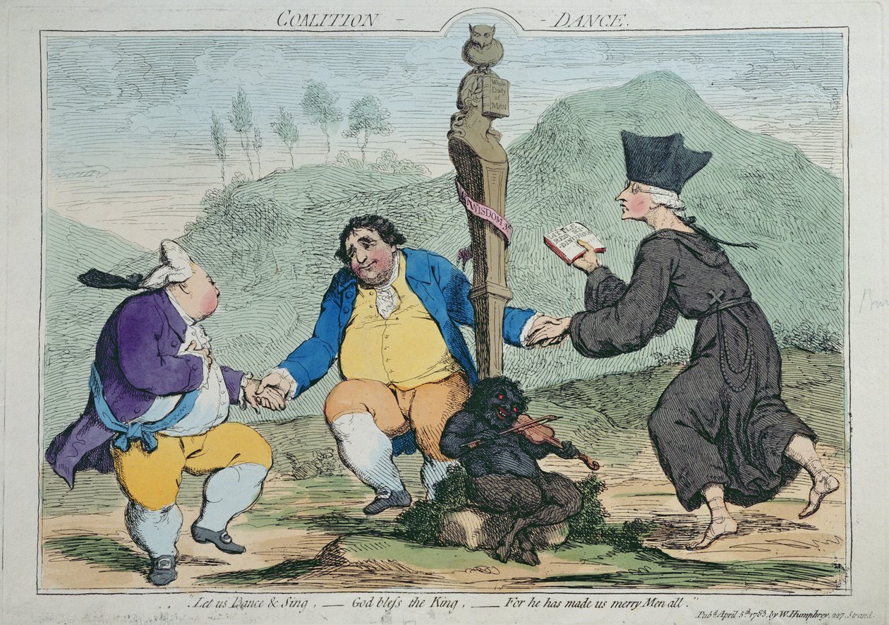 De Coalitie-Dans, gepubliceerd door William Humphrey in 1783 (handgekleurde ets) door James Gillray